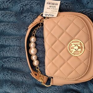 Badgley Mischka Beige Quilted Crossbody Bag with Pearl Detail